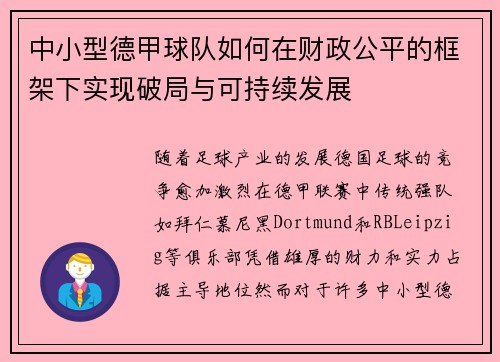 中小型德甲球队如何在财政公平的框架下实现破局与可持续发展